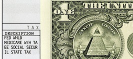 A paycheck stub with a dollar bill